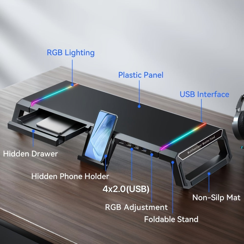 ICE COOREL Monitor Stand Foldable Height Adjustable with Storage Drawer, RGB Lighting & 4 USB Ports, Desk Organizer Riser for Desktop Laptop Tablet Smartphone, Home Office Gaming Setup