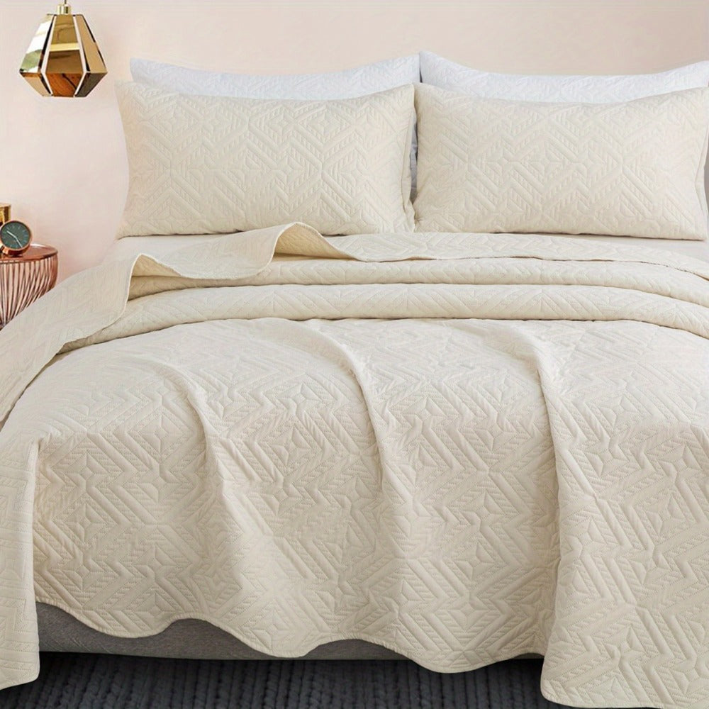 Rhombus-Pattern Three-Piece Bedspread Set in Khaki, Matcha, Blue and Grey with Twin to King Sizes