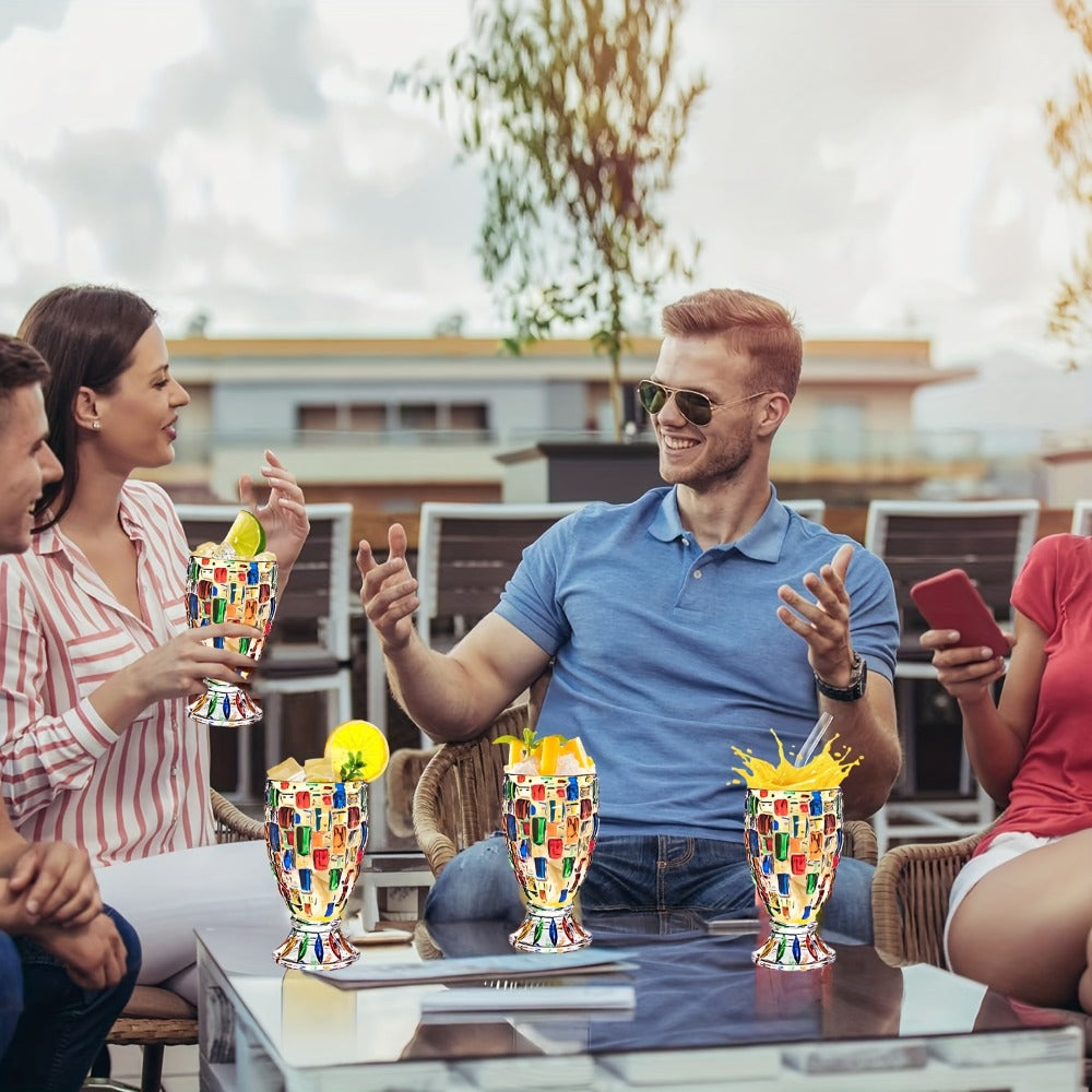 Mosaic-Pattern Drinking Glasses with Footed Bases, Two- or Six-Piece Colorful Goblet Sets for Table Settings