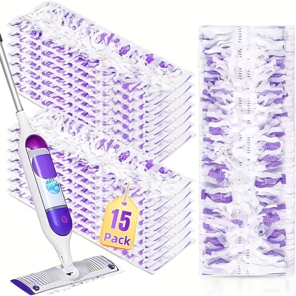 PowerMop-Style Disposable Mop Pad Refills in 15-Count or 50-Count Packs with Purple Scrubbing Strips