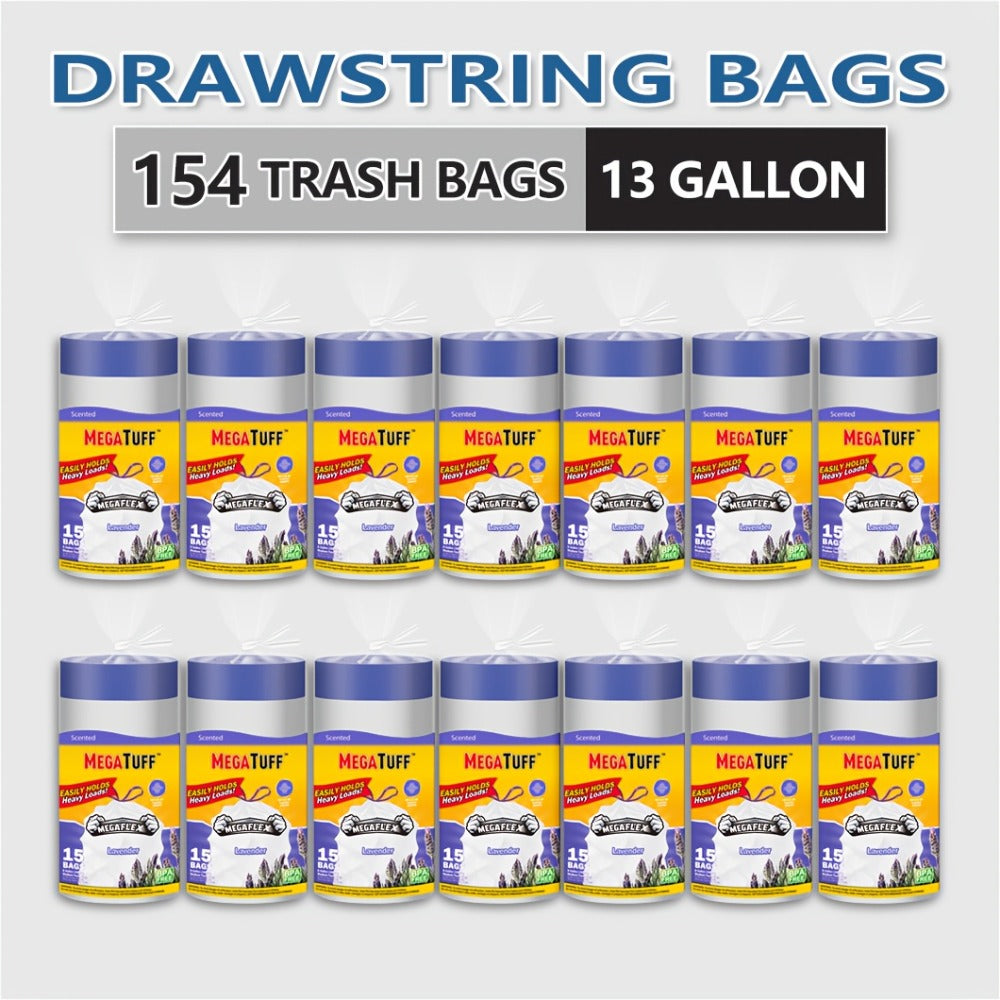 Drawstring Trash Bags with Odor Eliminator Technology – Lemon Mint Scent, Puncture & Tear Resistant, 30 Gal (90 Bags) or 13 Gal (154 Bags) Kitchen Garbage Bags