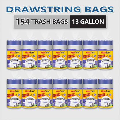 Drawstring Trash Bags with Odor Eliminator Technology – Lemon Mint Scent, Puncture & Tear Resistant, 30 Gal (90 Bags) or 13 Gal (154 Bags) Kitchen Garbage Bags