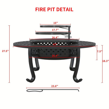 Fire Pit 43 Inch with 2 Cooking Grills & Lid Outdoor Wood Burning Firepit Round Metal Table for Backyard Patio Garden Camping Bonfire