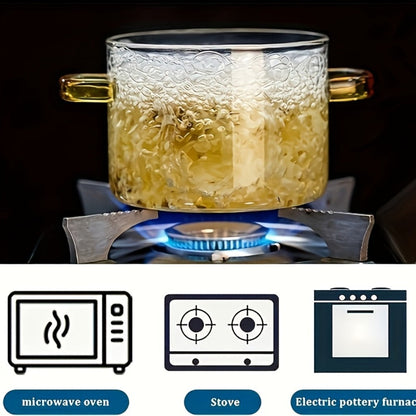 Borosilicate Glass Pot with Lid 50oz Stovetop & Microwave Safe – Double Heat-Resistant Handles for Soup, Milk & Porridge | Transparent Glass Saucepan Kitchen Cooker with Yellow or Green Handle