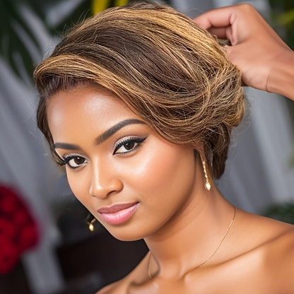 Lace Front Wig Human Hair Body Wave Bob with 4x1 Lace, 6in Length and Three Brown Highlight Colors