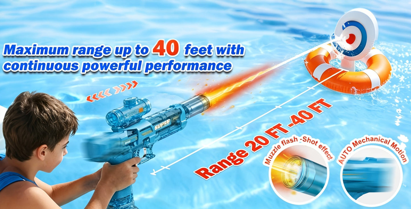 Electric Water Gun High Pressure Automatic Squirt Blaster with LED Flash & USB-C Rechargeable – 40ft Long Range Rapid Fire for Kids Teens Adults, Pool Beach Backyard Summer Outdoor Toy Gift