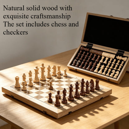 Folding Wooden-Style Chess and Checkers Set with 33 Chess Pieces and Internal Storage for Adult Tabletop Play