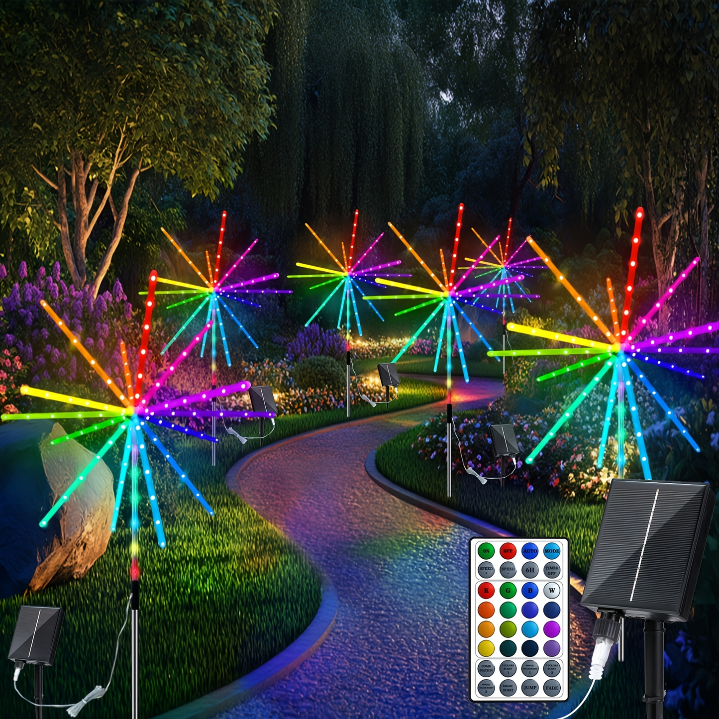 Solar Outdoor Lights 4-Pack 336-LED 3D Meteor Stakes with Remote, Multicolor Output and IP65 Rating