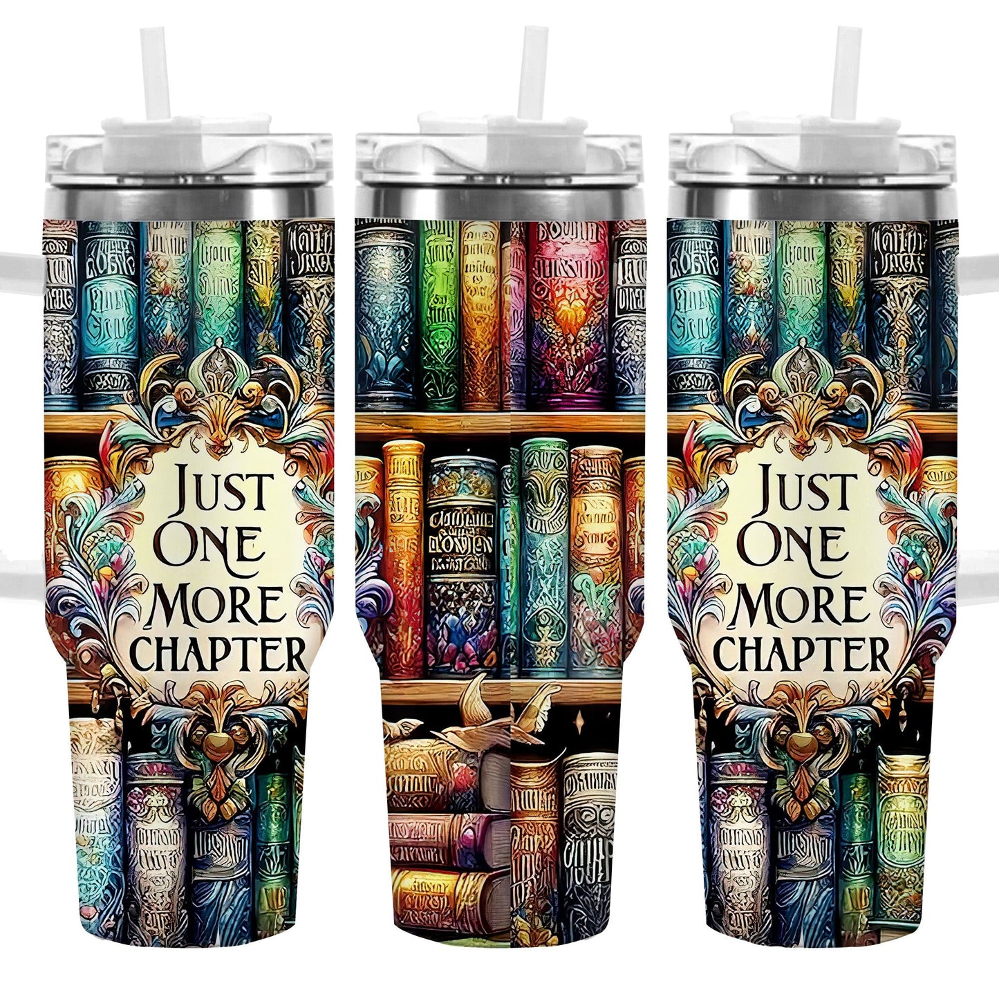40oz Bookshelf-Art Handled Tumbler with Rotating Two-Position Lid, Straw and 7.5 x 27.5 cm Pictured Size