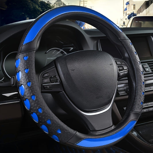 Steering Wheel Cover Faux Leather Heart Pattern – Non-Slip Wear-Resistant Anti-Aging All-Season Car Interior Accessory, Sports Style, Universal Fit, Cute Gift for Women Car Enthusiasts