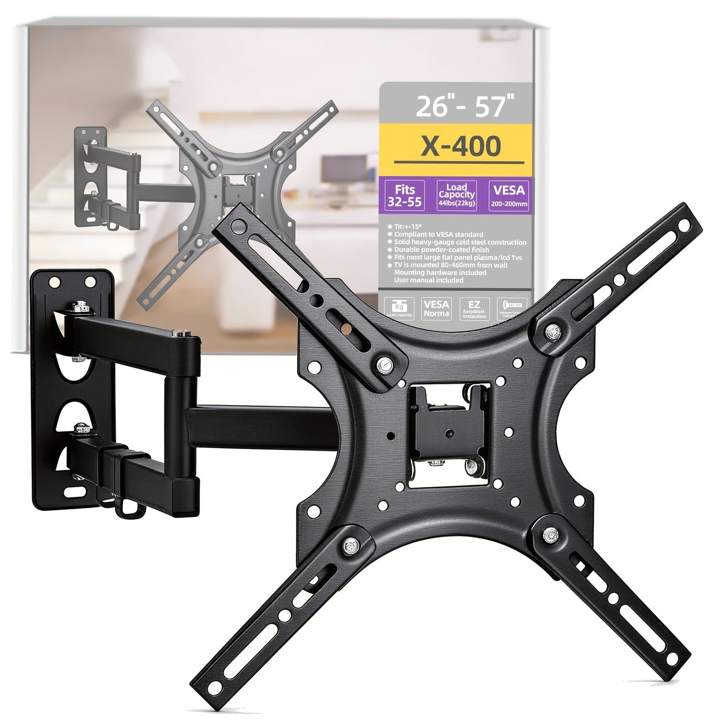 Slim Low Profile TV Wall Mount 26-57 Inch 66 lbs – Full Motion Articulating Dual Arms Swivel Tilt Extend, VESA Compatible, Easy Installation, Black Bracket for Small Mid-Size Flat Screen TVs