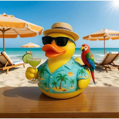 Beach-Style Duck Tabletop Figurine with Sunglasses, Straw Hat, Parrot and Tropical Shirt Details