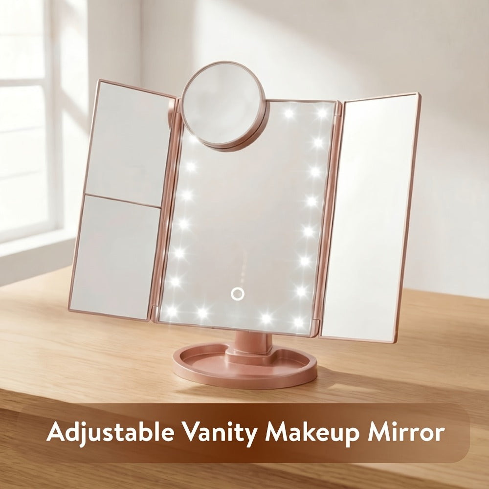 Vanity Mirror with Lights Tri-Fold 21 LED Lighted Makeup Mirror Touch Control 1X 2X 3X 10X Magnification 360 Rotation Dual Power Tabletop Trifold Mirror for Women Gift White Rose Gold