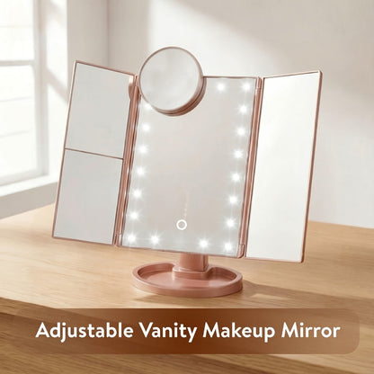 Vanity Mirror with Lights Tri-Fold 21 LED Lighted Makeup Mirror Touch Control 1X 2X 3X 10X Magnification 360 Rotation Dual Power Tabletop Trifold Mirror for Women Gift White Rose Gold