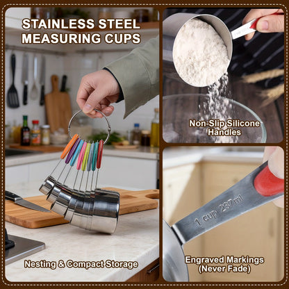 Seventeen-Piece Stainless Steel Measuring Cup and Spoon Set with Eight Cups, Eight Spoons and Leveler