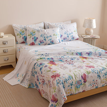 Four-Piece Floral Polyester Sheet Set with Fitted and Flat Sheets, Two Pillowcases and Four Sizes