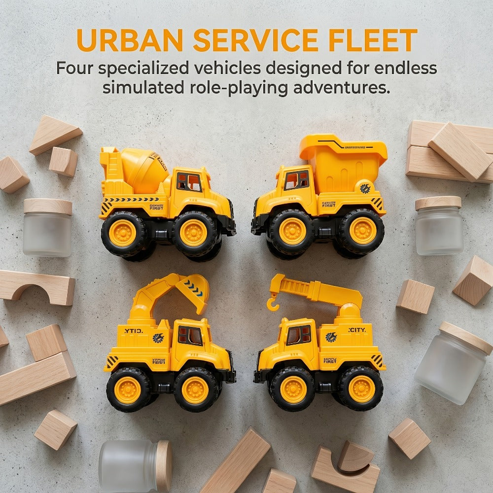 4-Piece Construction Truck Set for Kids, Excavator Dump Truck Crane Cement Mixer Sandbox STEM Engineering Vehicle Playset