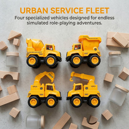 4-Piece Construction Truck Set for Kids, Excavator Dump Truck Crane Cement Mixer Sandbox STEM Engineering Vehicle Playset