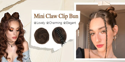 Mini Donut Bun Hairpiece with Cat Ears Claw Clip Messy Bun Synthetic Fiber Instant Updo – 2 Pcs Set for Women Girls All Hair Types Natural Black Brown Blonde 4 Inch