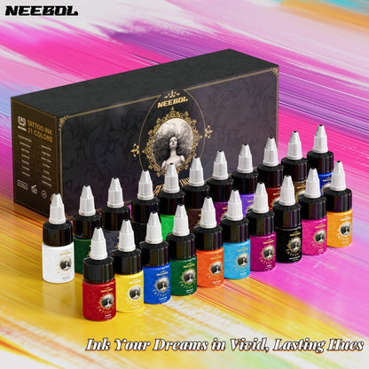 Tattoo Ink 14- or 21-Color Set with 0.5oz 15ml Bottles and Two Source Palette Choices for Color Selection