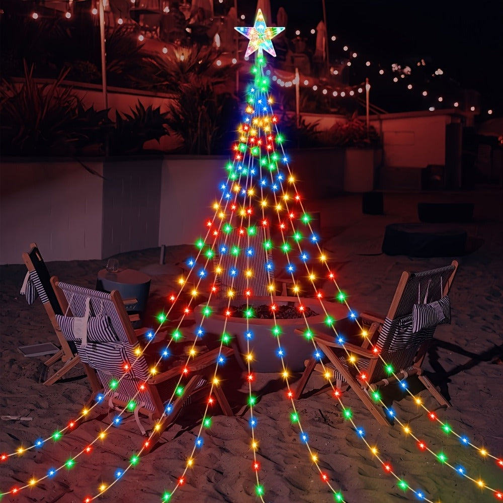 Christmas Tree Waterfall Fairy Lights 200 LED with Star Top Decoration, 8 Lighting Modes — Battery, Solar & USB Powered Indoor Outdoor Colorful Cascading Holiday Light Strip