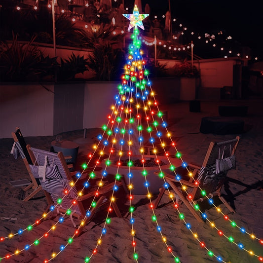 Christmas Tree Waterfall Fairy Lights 200 LED with Star Top Decoration, 8 Lighting Modes — Battery, Solar & USB Powered Indoor Outdoor Colorful Cascading Holiday Light Strip