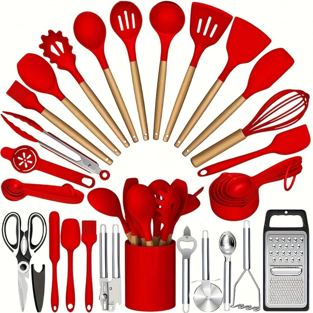 35- or 36-Piece Silicone Kitchen Utensil Set with Holder in Black, Pink or Red, with Optional Glass Cup