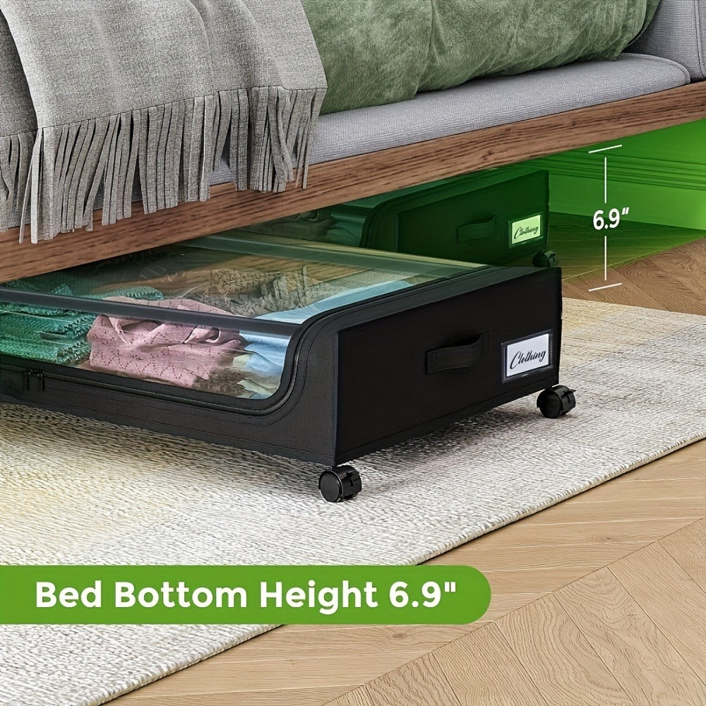 Rolling Fabric Under-Bed Storage Bins with Clear Zip Covers, Label Windows and Black or Gray Sets