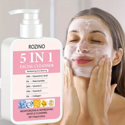 Brightening Face Wash 5-in-1 with Hyaluronic Acid Niacinamide Vitamin C Vitamin E & Collagen - Rich Foam Deep Cleansing Moisturizing Glow Facial Cleanser for Women 150g