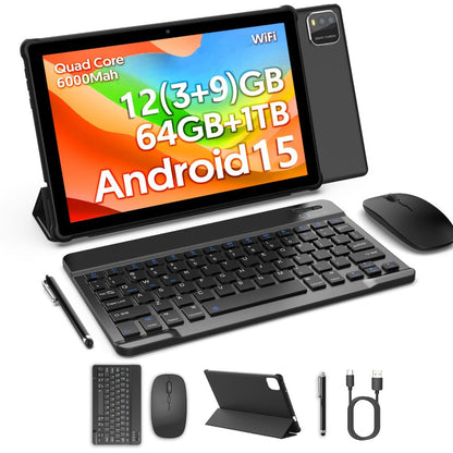 Android 15 Tablet 10 Inch 2-in-1 with Keyboard Case & Stylus 12GB RAM 64GB ROM 1TB Expandable 6000mAh Battery WiFi 6 4-Core 8MP Dual Camera FHD IPS Display Tablet PC