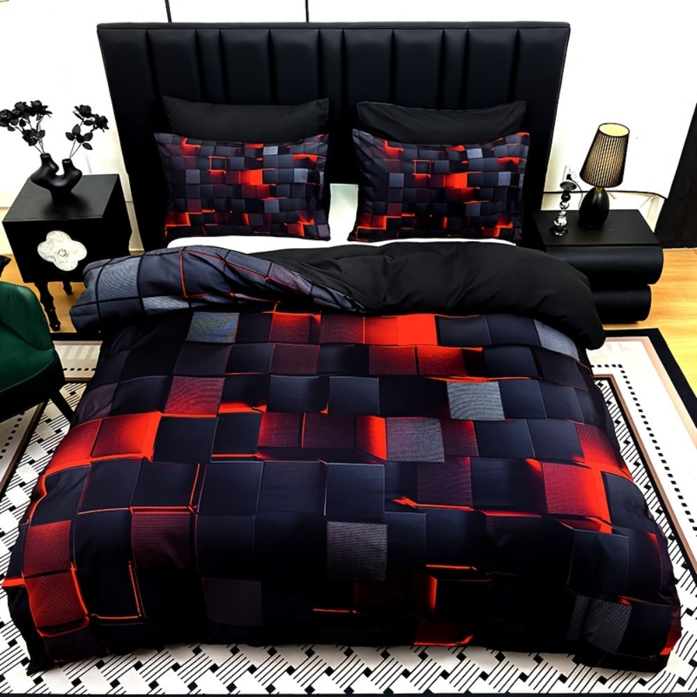 Three-Piece Plaid Duvet Cover Set with Two Pillowcases in Five Colors and Four Bed Sizes for Home and Everyday Use
