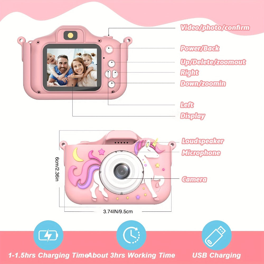 Kids Digital Camera with Rear Screen, Cartoon Unicorn or Dinosaur Shell and Pink, Purple, Blue or Green Options