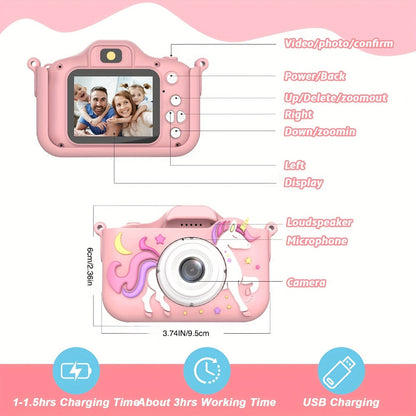 Kids Digital Camera with Rear Screen, Cartoon Unicorn or Dinosaur Shell and Pink, Purple, Blue or Green Options