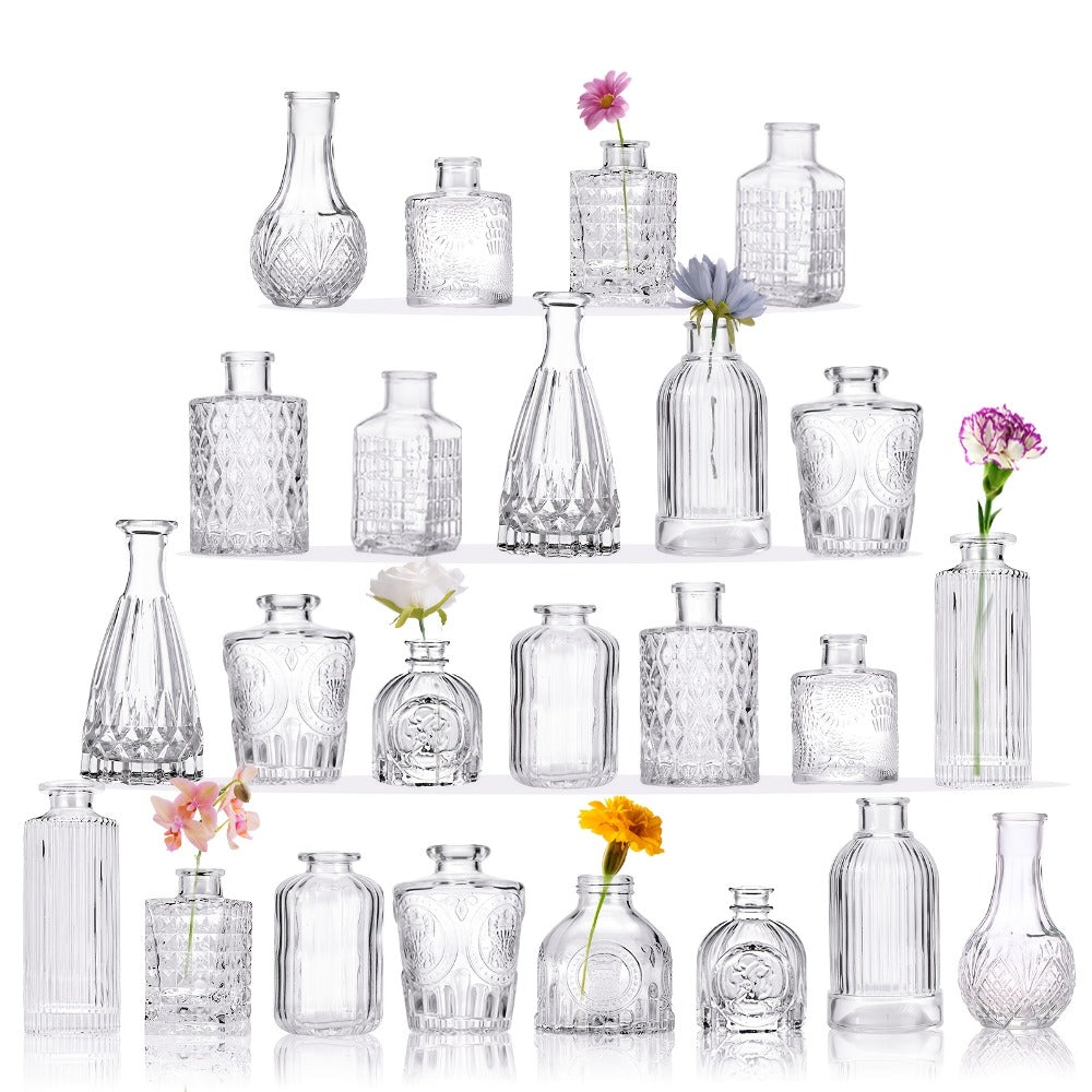 Party Decorations Clear Mini Bud Vase Set with 12, 30, 43 or 52 Mixed Shapes for Table Displays