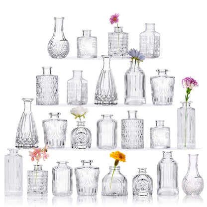 Party Decorations Clear Mini Bud Vase Set with 12, 30, 43 or 52 Mixed Shapes for Table Displays