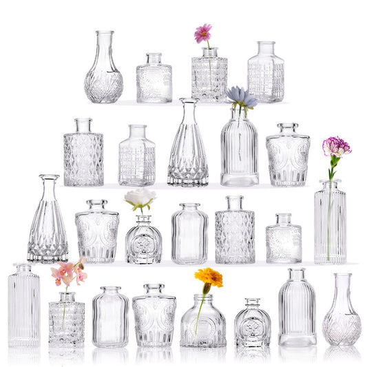 Party Decorations Clear Mini Bud Vase Set with 12, 30, 43 or 52 Mixed Shapes for Table Displays