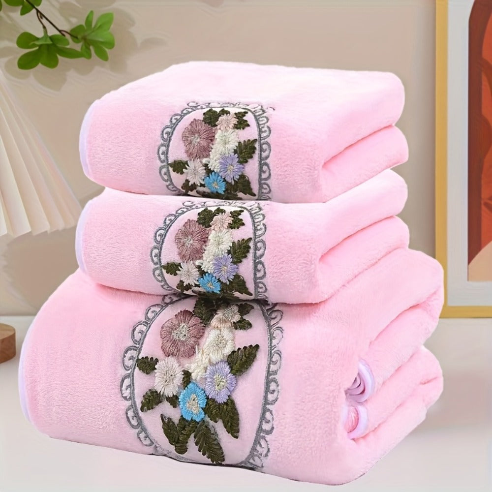 Towel Set 3-Piece Embroidered Flower Bath and Face Towels in White, Blue, Pink or Gray for Home and Guest Use