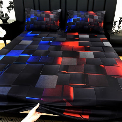 Fitted Sheet Set 3 Piece Digital Print Plaid - Deep Pocket 15 Inch Bed Sheet with 2 Pillowcases, 85% Polyester Soft Breathable Bedding Set for Twin Full Queen King, All Season Mattress Cover