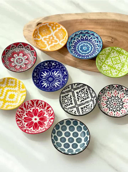 Ceramic Condiment Dish Set of 10, Bohemian Small Saucer Dipping Bowls for Soy Sauce, Vinegar & Spices