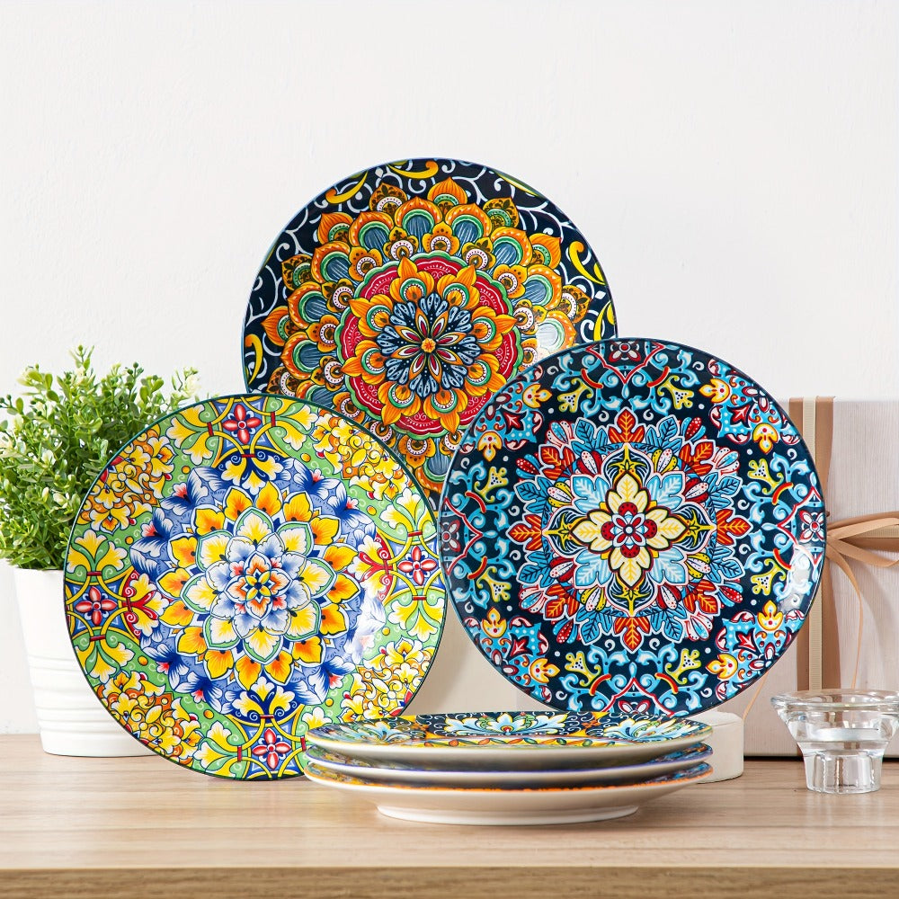 Bohemian Ceramic Dessert Plate Set of 6 - 8.5 Inch Colorful Abstract Pattern Dinnerware, Glazed Porcelain Plates
