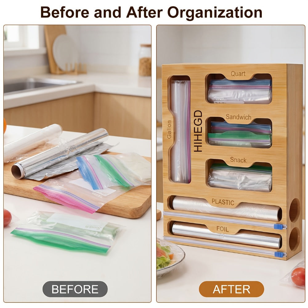 Bamboo Wrap Dispenser Kitchen Organizer 6-in-1 Bag Storage Box with Dual Cutters for Drawer or Wall