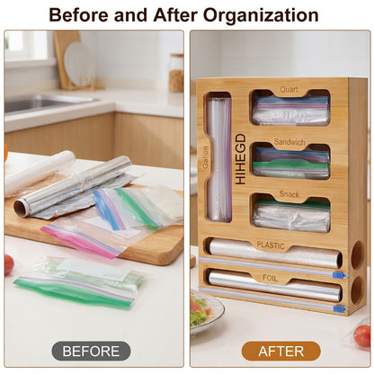 Bamboo Wrap Dispenser Kitchen Organizer 6-in-1 Bag Storage Box with Dual Cutters for Drawer or Wall