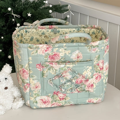 Quilted Floral Carry Storage Basket, Approximately 32 x 26 x 25cm with Two Padded Handles and Seven Patterns