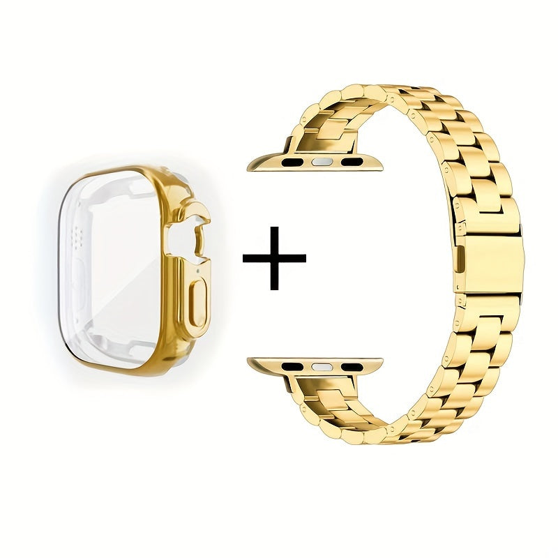Slim Waist Apple Watch Steel Band & Half Shell Case 3-Piece Set – 2 Stainless Steel Bands + Protective Case Compatible with Apple Watch Series 1–9 SE Ultra 38 40 41 42 44 45 49mm – Gold Silver Rose Black