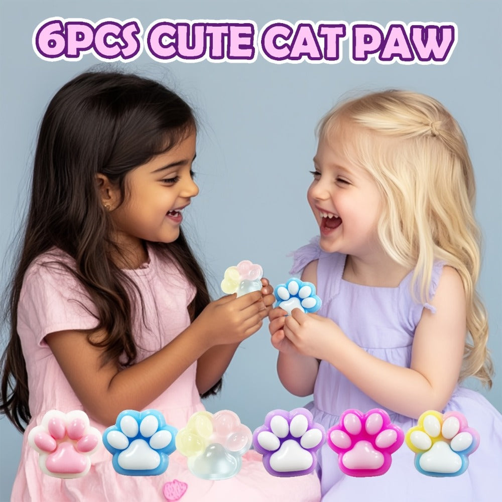 Six-Piece Cat Paw Squishy Toy Set, Approximately 2.95 Inches Each with Soft Sticky Handheld Texture
