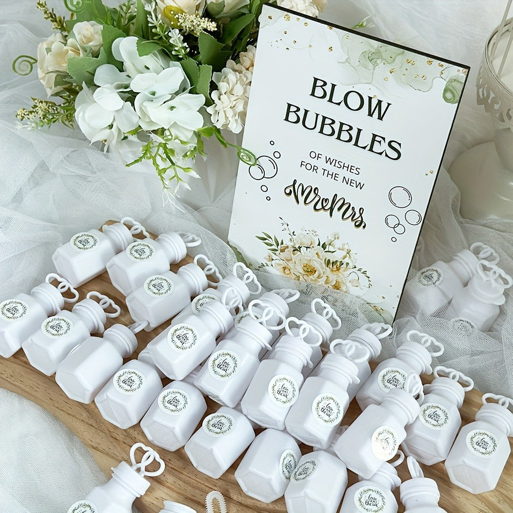 Party Favors Empty Mini Bubble Bottles, 50-Piece Set with Wooden Sign and 50 Matching Stickers