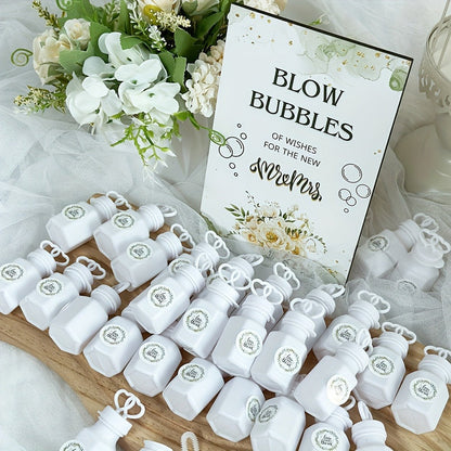 Party Favors Empty Mini Bubble Bottles, 50-Piece Set with Wooden Sign and 50 Matching Stickers