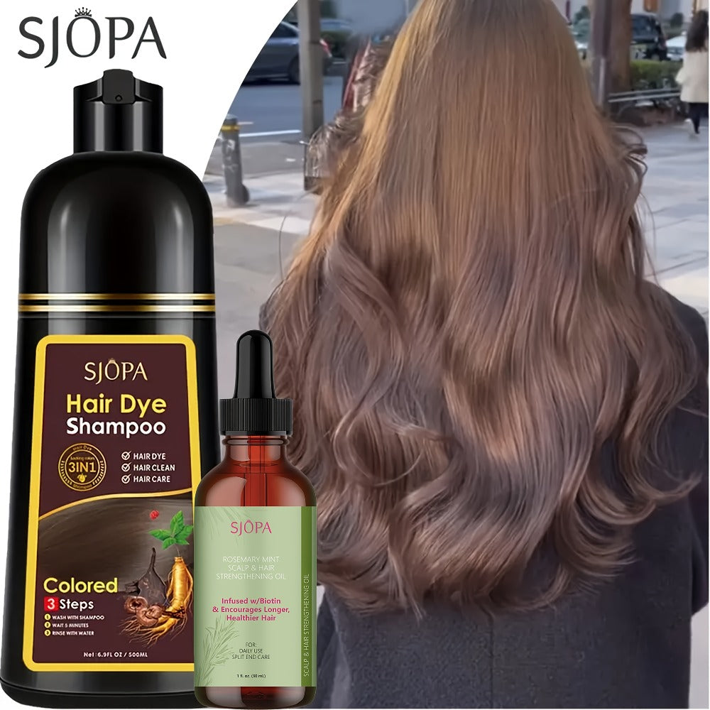 Hair Dye Shampoo, SJOPA 500ml Bottle and Rosemary Hair Oil Set with Seven Color Options for At-Home Color Selection
