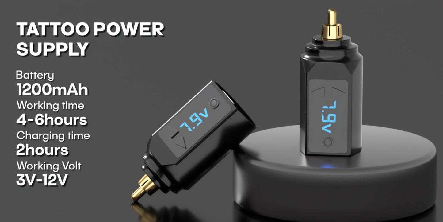 PS083 1200mAh RCA Tattoo Power Supply with LED Voltage Display, 3–12V Control and USB Charging