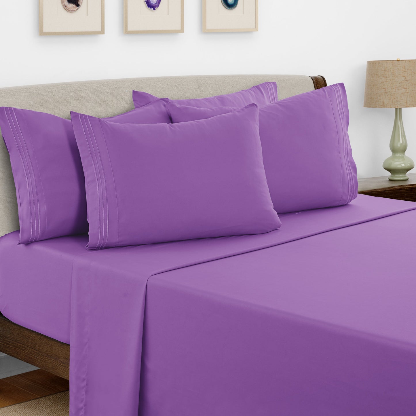 Bed Sheet Set Brushed Microfiber with Embroidered Pillowcases, 16-Inch Pocket and 4- or 6-Piece Sizing